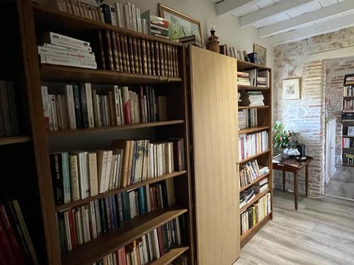 a room with several book shelves filled with books at Le Mas De Marie in Lavaur