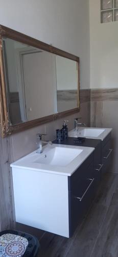 een badkamer met 2 wastafels en een grote spiegel bij IN PANDORA'S BOX 5 LANDS in Vezzano Ligure
