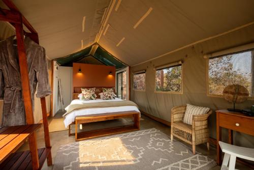 um quarto numa tenda com uma cama e uma cadeira em Elephants Crossing em Welgevonden Game Reserve