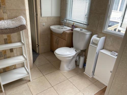 a bathroom with a toilet and a sink at Pendle Hill View in Preston