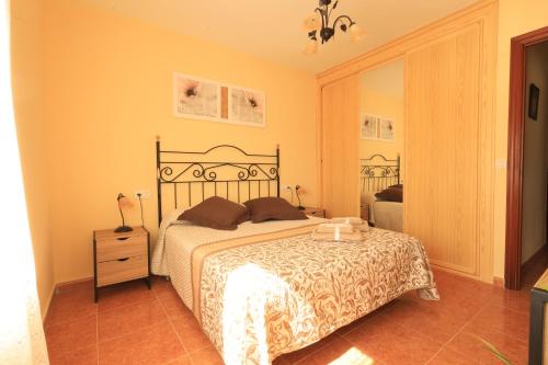 a bedroom with a bed and a dresser and a mirror at La Resbalina de Arribes in Trabanca