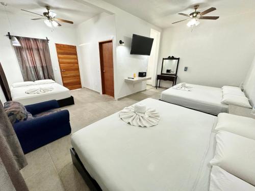 Cette chambre comprend 2 lits et une télévision. dans l'établissement Hotel Vista Laguna Bacalar, à Bacalar