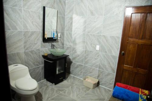 a bathroom with a toilet and a sink and a mirror at Puntita Manzanillo, fantastic sea and jungle retreat in La Guayra