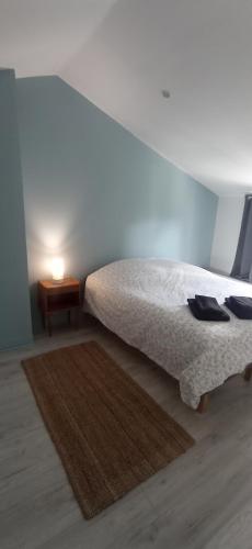 a bedroom with a bed with a rug and a table at Le Refuge du Musée in Sacy-le-Grand