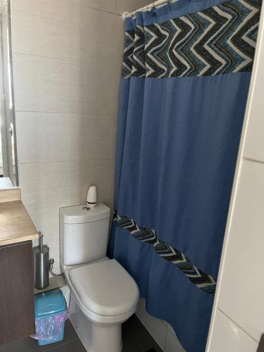 a bathroom with a toilet and a blue shower curtain at Cómodo departamento Cerca de Metro in Santiago