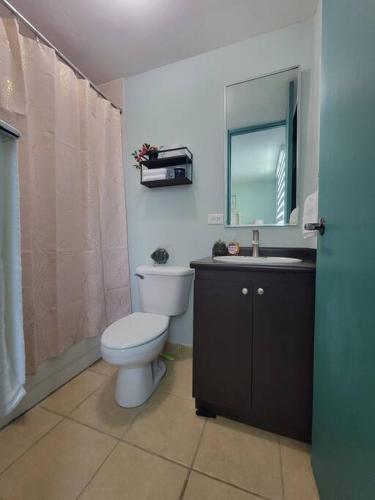 a bathroom with a toilet and a sink and a mirror at Aquatika 2303 in Loiza