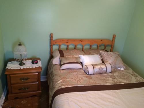 a bed with pillows and a nightstand next to it at Dorman's Manor in Bonavista