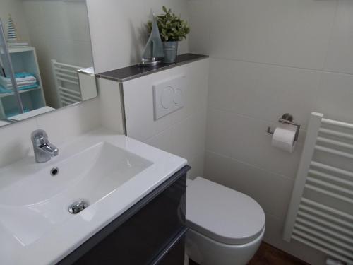 ein Badezimmer mit einem weißen Waschbecken und einem WC in der Unterkunft Ferienhaus-Slanitz in Harlesiel