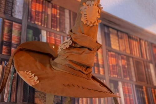 a statue of a bird in front of a library at Thematic House with Private pool and Game Room in Loughman