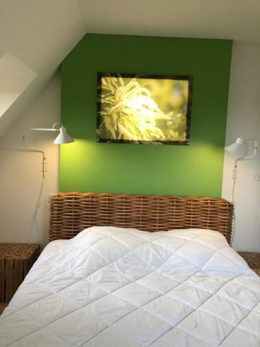 - une chambre dotée d'un mur vert avec un lit et deux lumières dans l'établissement Maison en pleine nature avec spa, à Vezels-Roussy