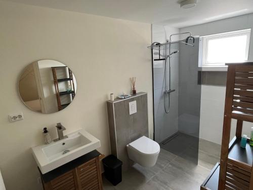 bagno con lavandino, servizi igienici e specchio di Cubana Resort Appartement loopafstand Mambo beach a Willemstad