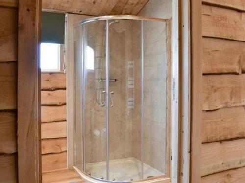 a shower in a room with a wooden wall at Brook Lodge in Liskeard