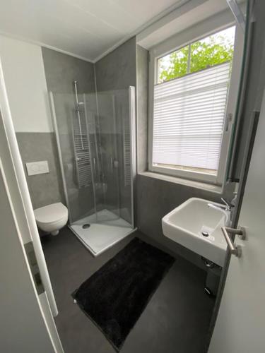 a bathroom with a shower and a sink and a toilet at Ferienwohnung in Marsberg-Oesdorf 