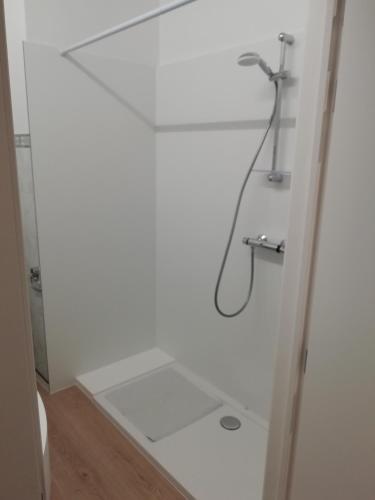 a white bathroom with a shower with a hose at LEHOUCK kamers ontbijt in Koksijde