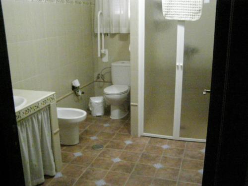 une salle de bain avec toilettes, lavabo et douche dans l'établissement Casa Rural el Pinar en Posadas Córdoba, à Posadas