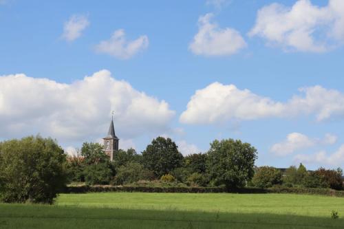 a church steeple in the distance with a field and trees at L'Entre-Temps in Xhendelesse