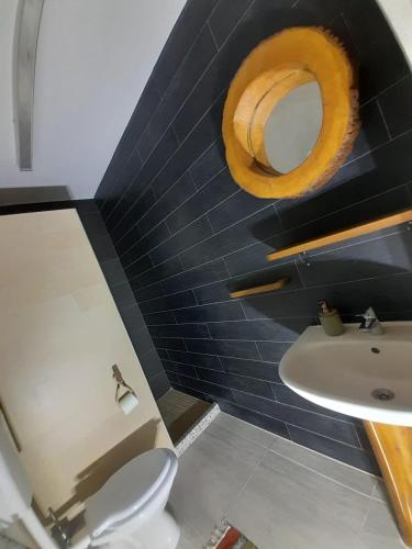 a bathroom with a toilet and a sink at Mosia Dar In Rai in Berbeşti