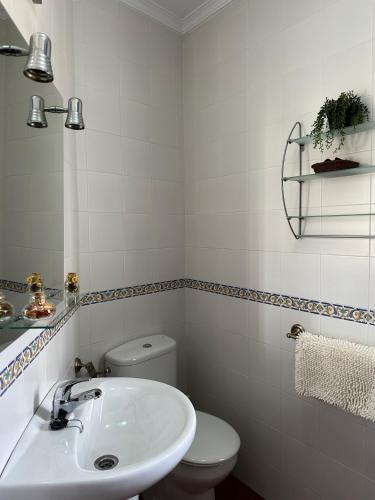 La salle de bains blanche est pourvue de toilettes et d'un lavabo. dans l'établissement Villa Grazalema casa rural con encanto, à Grazalema