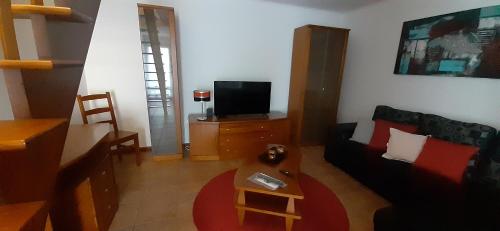 a living room with a couch and a tv at Casinha do Chorão in Ribeirinha