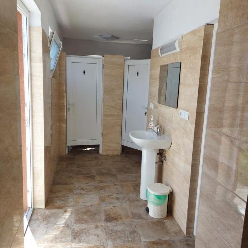ein Bad mit einem Waschbecken und einem Spiegel in der Unterkunft Căbănuță la Munte cu Piscină in Bistra