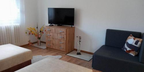 a living room with a television on a wooden dresser at Átutazó Apartman in Nyíregyháza