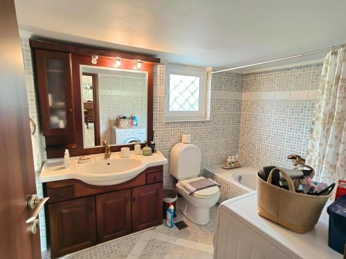 Plátanos的住宿－Villa Nelparadi，浴室配有盥洗盆、卫生间和浴缸。