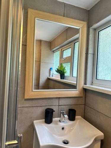 Charming Four Bedroom Holiday Home في هارلو: حمام مع حوض ومرآة