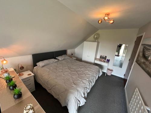 a small bedroom with a bed and a desk at Vicki's Den in Tain