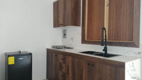 eine Küche mit einer Spüle und einem schwarzen Kühlschrank in der Unterkunft MARIBAO in Playas