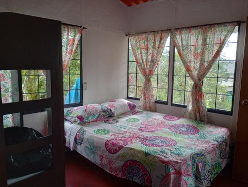 a bedroom with a bed and two windows at Los Laureles in Calarcá