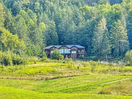 a large house on a hill in a field at Tara Land Lake in Zaovine