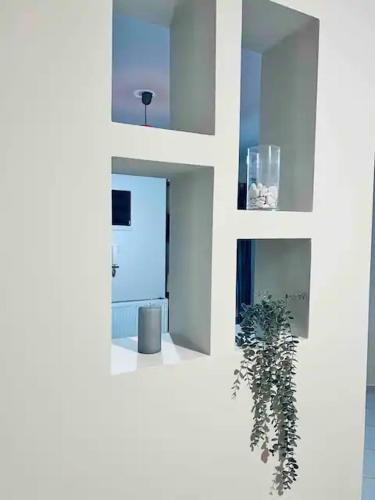 una pared blanca con una planta en una habitación en New Unique Apartment in Heraklion en Heraclión
