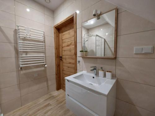 uma casa de banho com um lavatório branco e um espelho. em Agroturystyka Bliżej Natury em Rymanów-Zdrój
