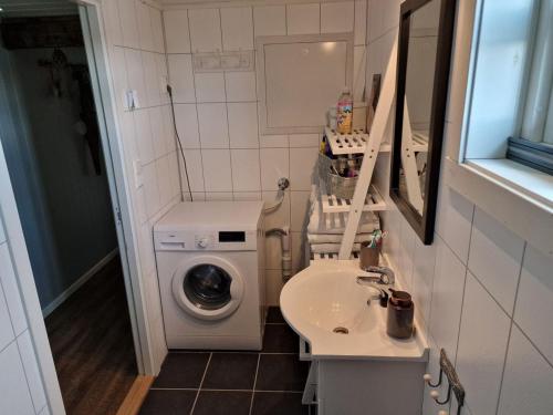 莫斯克內斯的住宿－Autentisk rorbu，小型浴室设有洗衣机和水槽。