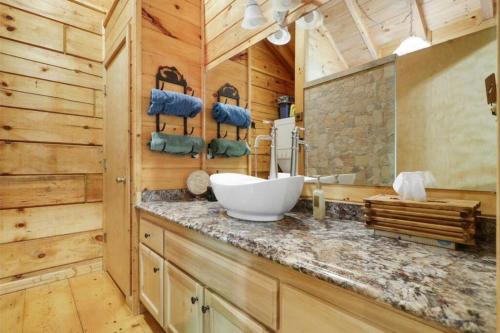 ein Badezimmer mit einem Waschbecken und einer Theke in einer Hütte in der Unterkunft Open Studio Lodge at Little Rock Creek in Cherry Log
