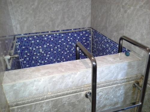 a bathroom with a shower with blue tiles at Dnister Hotel Complex in Zhvanets