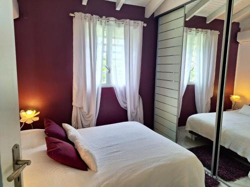 a bedroom with two beds and a mirror at Villa confortable à Sainte-Anne avec piscine privée in Sainte-Anne