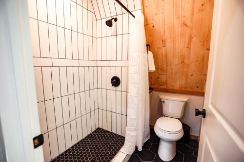 a bathroom with a toilet and a shower at Finger Lakes Treehouse in Sodus