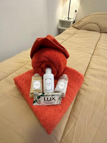 a bed with a pile of towels and a bottle of liquid at Casa Lola in Mendoza