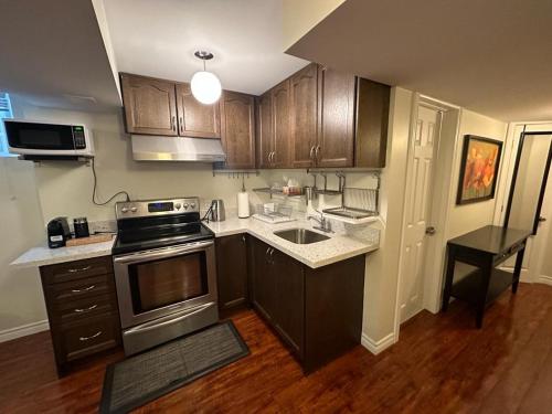 een keuken met een wastafel en een fornuis top oven bij Basement apartment in Richmond Hill