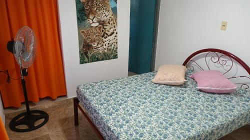 ein Schlafzimmer mit einem Bett mit zwei Kissen und einem Ventilator in der Unterkunft África in General Enrique Martínez