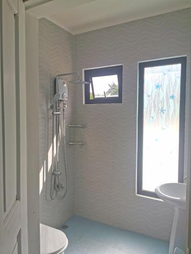 uma casa de banho com um chuveiro e um lavatório. em Dew Forest - Romblon Airport Hotel em Alcantara