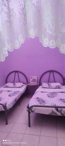 duas camas num quarto com paredes roxas em FIZWAN HOMESTAY em Kuantan