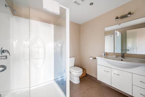 a bathroom with a toilet and a sink and a shower at Criffel Garden Apartment in Wanaka