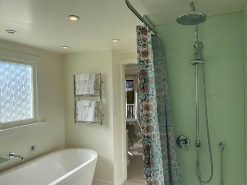 a bathroom with a bath tub and a shower at Incredible Views! Luxurious Studio & Outdoor Living in Wellington