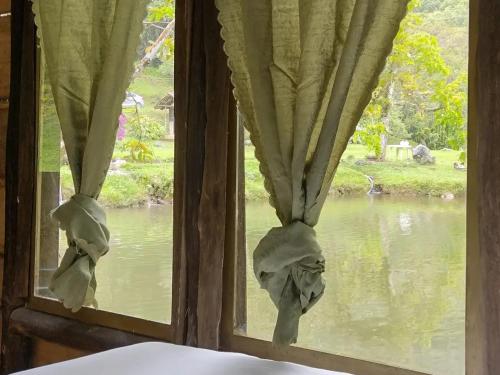 a window with curtains with a view of a river at Sapiens house "cabaña del lago" in Cali