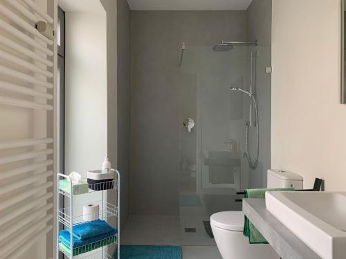 エルデにあるFerienwohnung Haus Knäppen Size Sのシャワー、トイレ、洗面台を備えたバスルーム