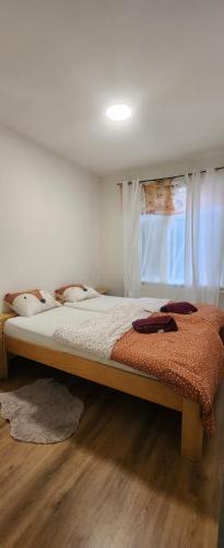 duże łóżko w pokoju z oknem w obiekcie 2de double bed room w Hadze