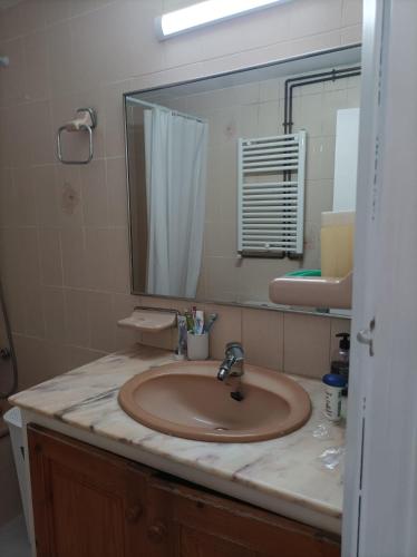 um balcão de casa de banho com um lavatório e um espelho em Appartement l’escala em L'Escala