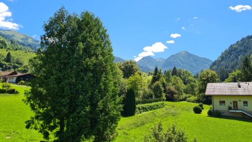 a house in a green field with mountains in the background at Gasthof Leitner - Der Wirt an der Klamm in Donnersbach